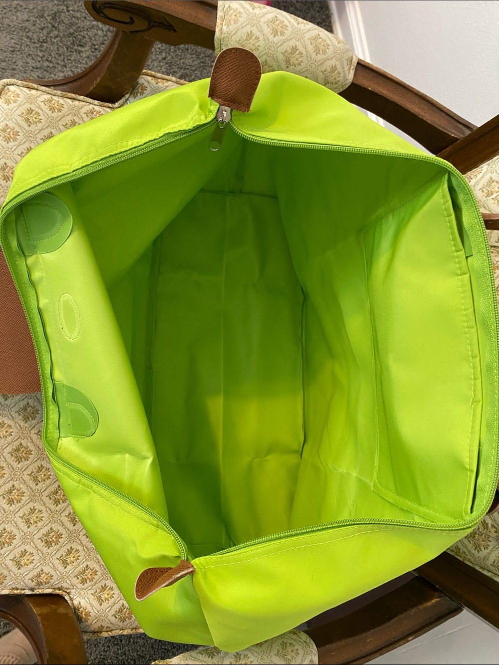 Bright Lime Green Nylon Tote with Brown Faux Leather Trim - Picture 7 of 7